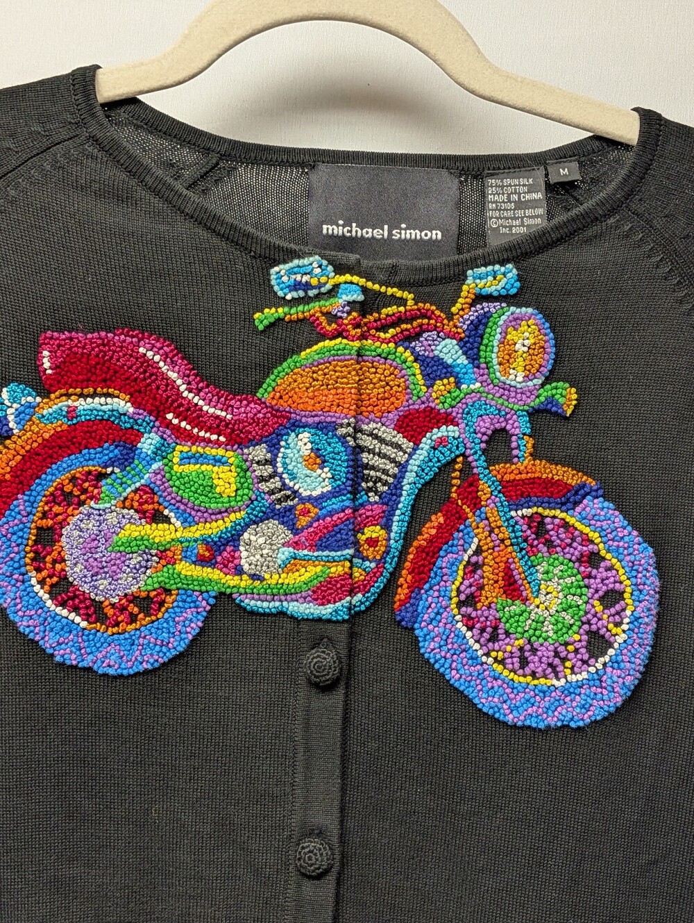 Michael Simon Motorcycle Nodded Embroidery Black Cardigan - Picture 2 of 6